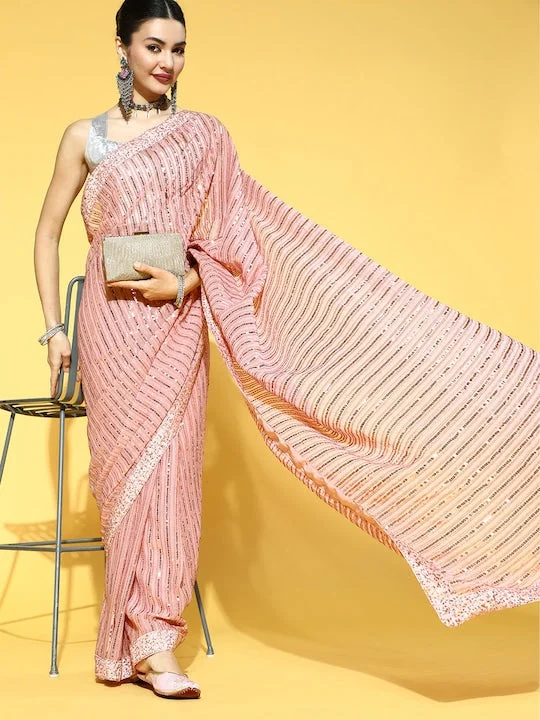Striped Saree with Embellished Border - image 3