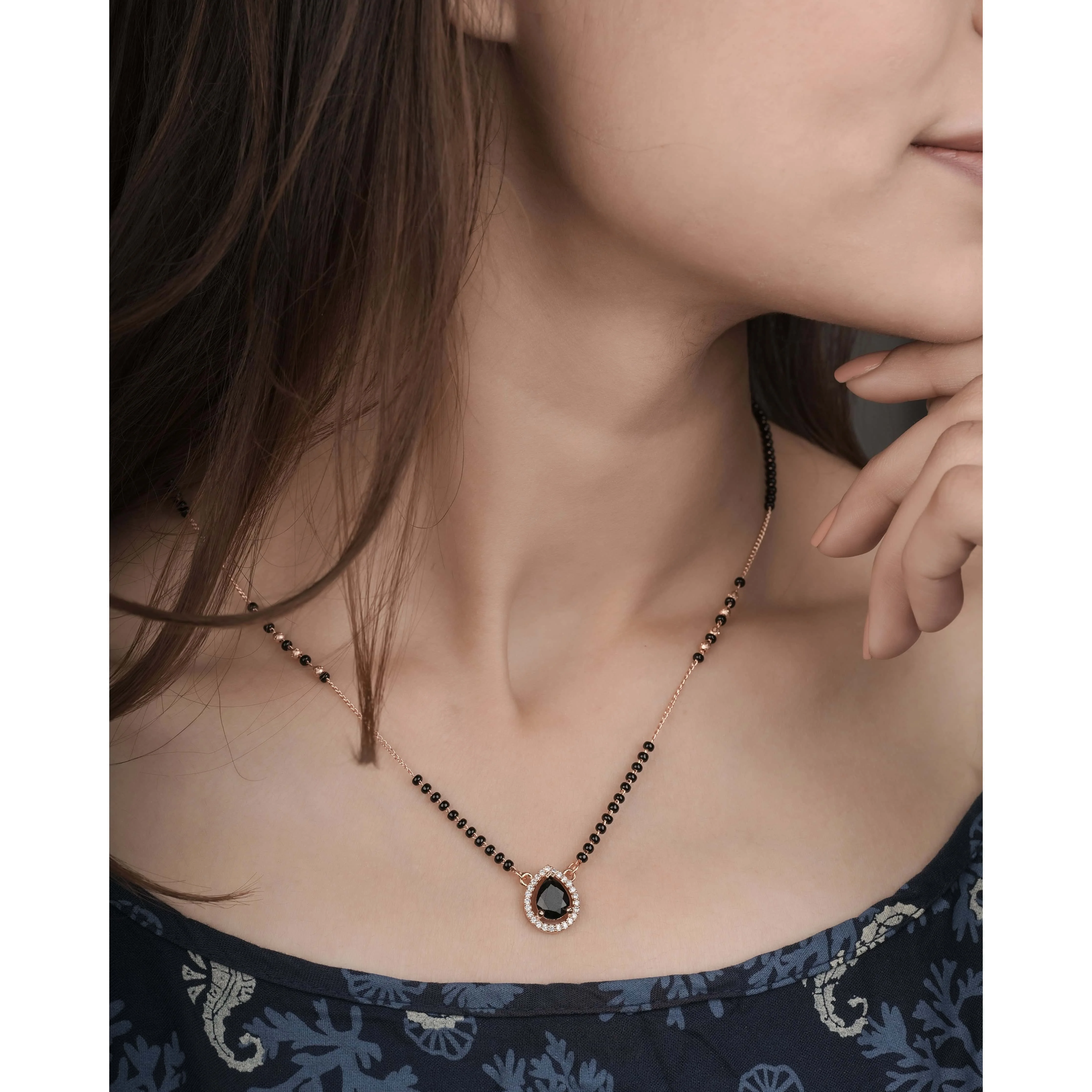 Buy 1 Get 1 Free - Rose Gold Finish Black Teardrop Stone Mangalsutra