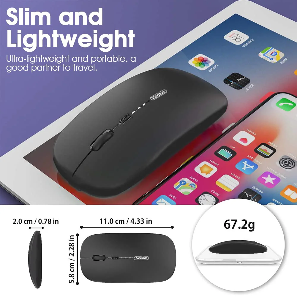 Verilux® Wireless Mouse Rechargeable, Upgraded Ultra Slim 2.4G Silent Cordless Mouse Computer Mice 1600 DPI with USB Receiver for Laptop PC Mac MacBook, Windows (Black+Battery Level Visible) - image 4