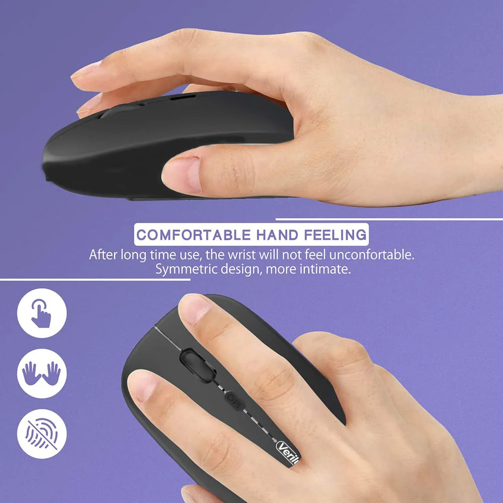 Verilux® Wireless Mouse Rechargeable, Upgraded Ultra Slim 2.4G Silent Cordless Mouse Computer Mice 1600 DPI with USB Receiver for Laptop PC Mac MacBook, Windows (Black+Battery Level Visible) - image 5