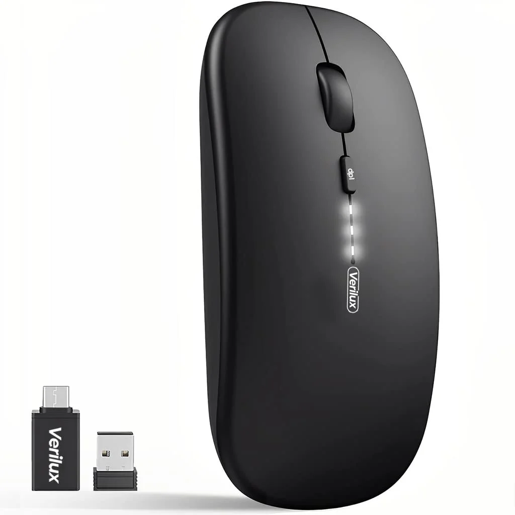 Verilux® Wireless Mouse Rechargeable, Upgraded Ultra Slim 2.4G Silent Cordless Mouse Computer Mice 1600 DPI with USB Receiver for Laptop PC Mac MacBook, Windows (Black+Battery Level Visible)