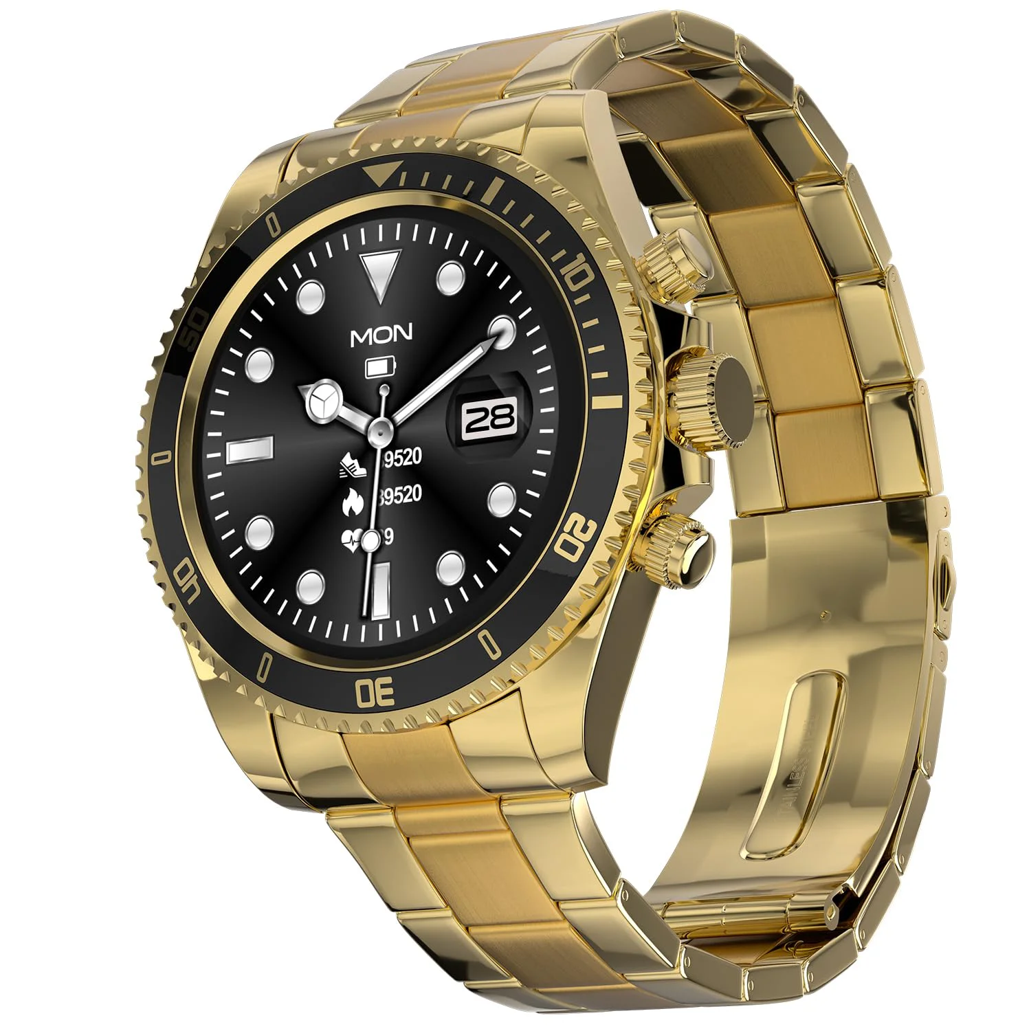 Fire-Boltt Avalanche Luxury Stainless Steel Smart Watch, Bluetooth Calling with 1.28” HD display, 2 Button Pushers, Voice Assistance, Multiple Sports Modes, Health Suite, IP67 resistance. (Gold Black)