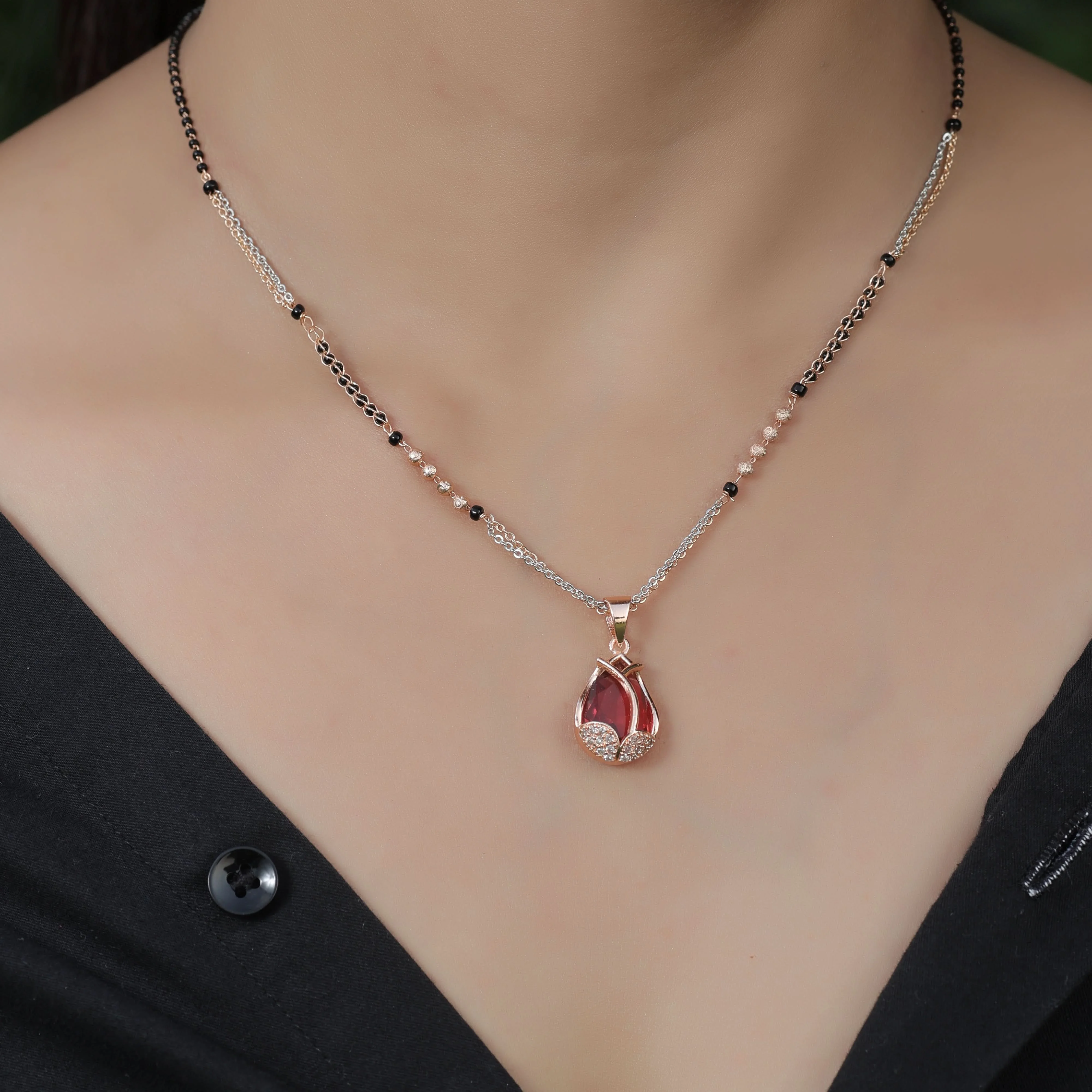 Buy 1 Get 1 Free -Red Teardrop Crystal Silver Finish Black Bead Mangalsutra