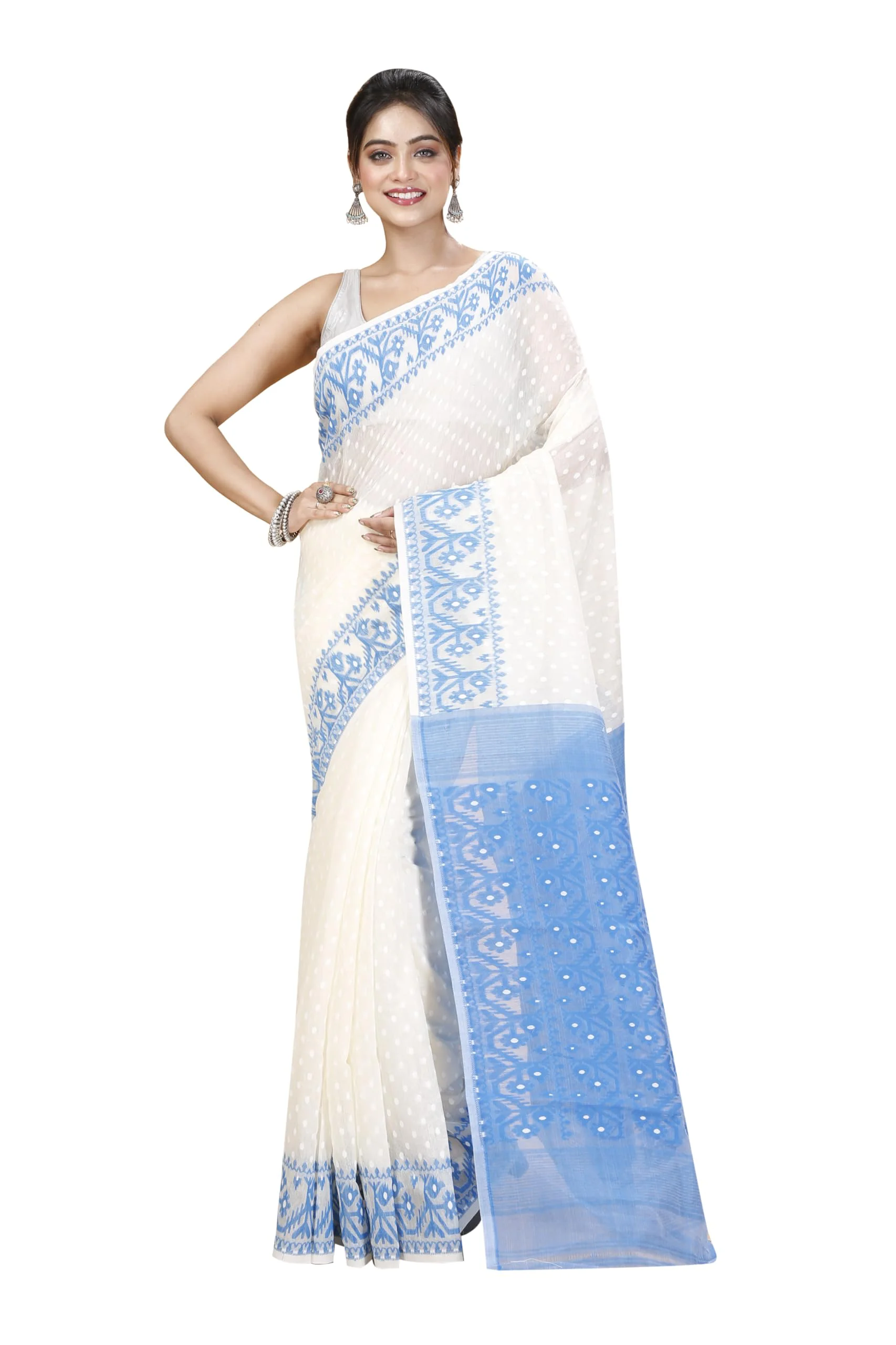 Tant Vastra Women’s Soft Resham Dhakai Ball Work Jamdani Saree without Starch And Without Blouse Piece (Steel) (White-Light Blue) - image 2