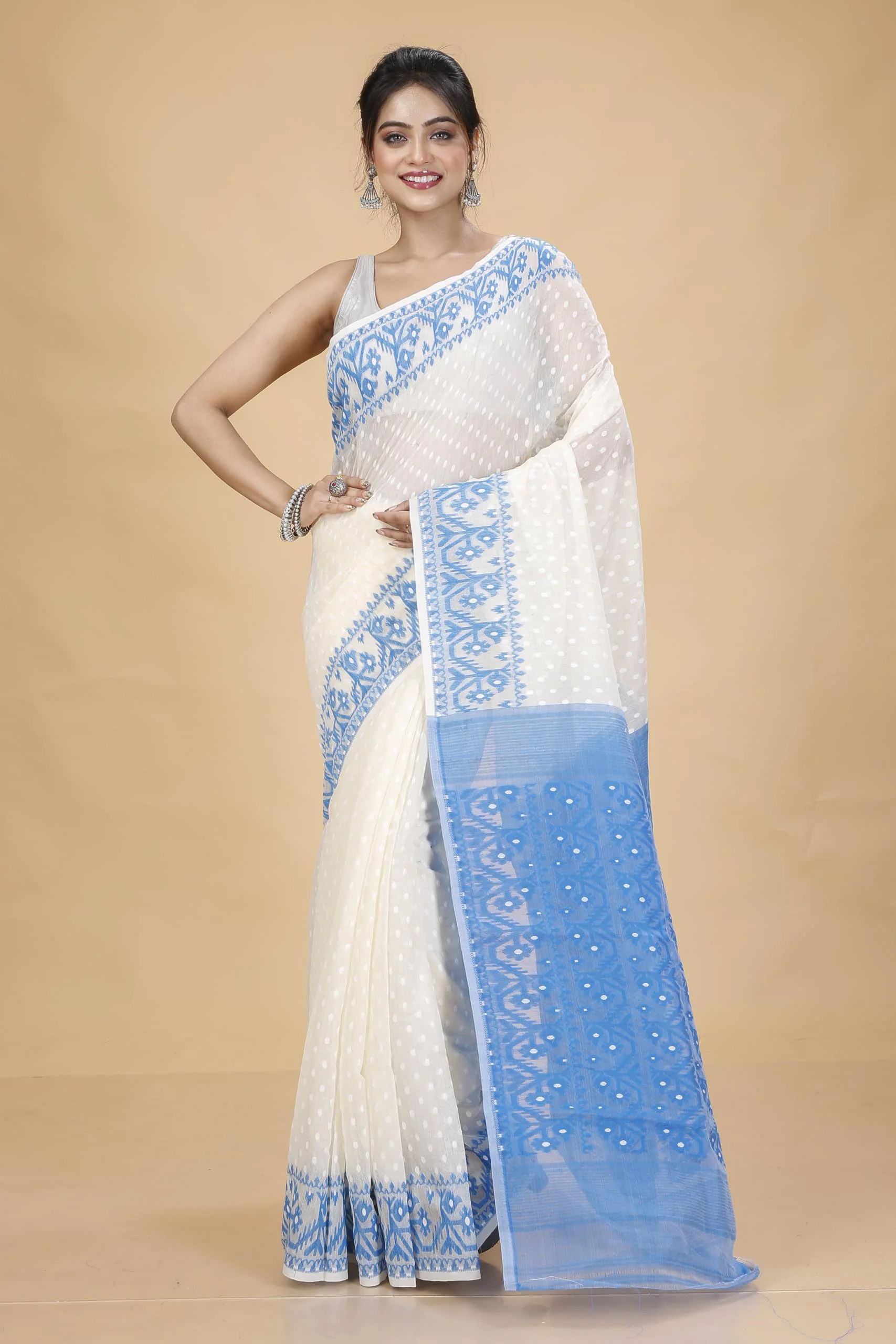 Tant Vastra Women’s Soft Resham Dhakai Ball Work Jamdani Saree without Starch And Without Blouse Piece (Steel) (White-Light Blue) - image 3