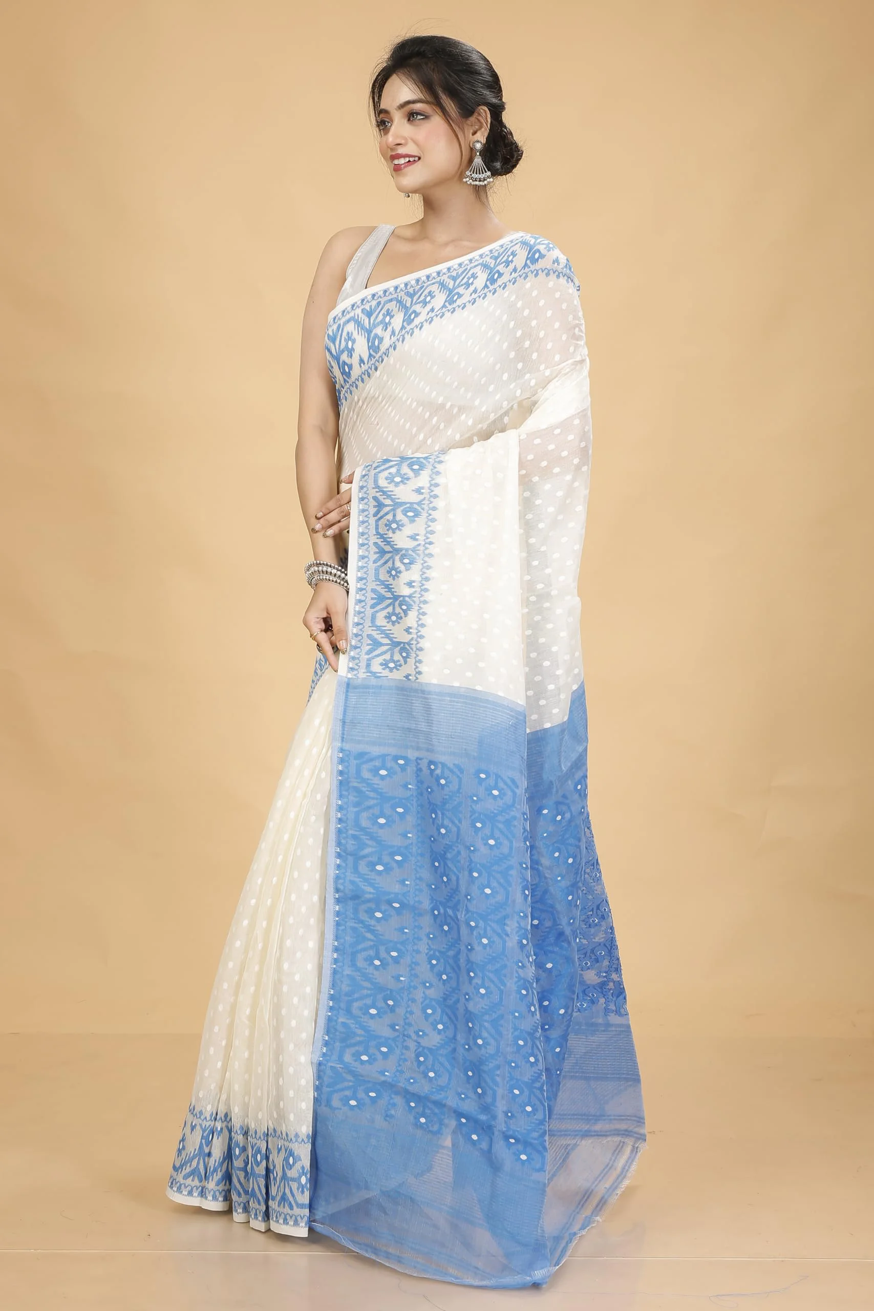 Tant Vastra Women’s Soft Resham Dhakai Ball Work Jamdani Saree without Starch And Without Blouse Piece (Steel) (White-Light Blue) - image 5