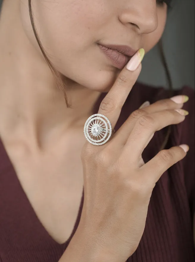 American Diamond Silver Fancy Adjustable Ring