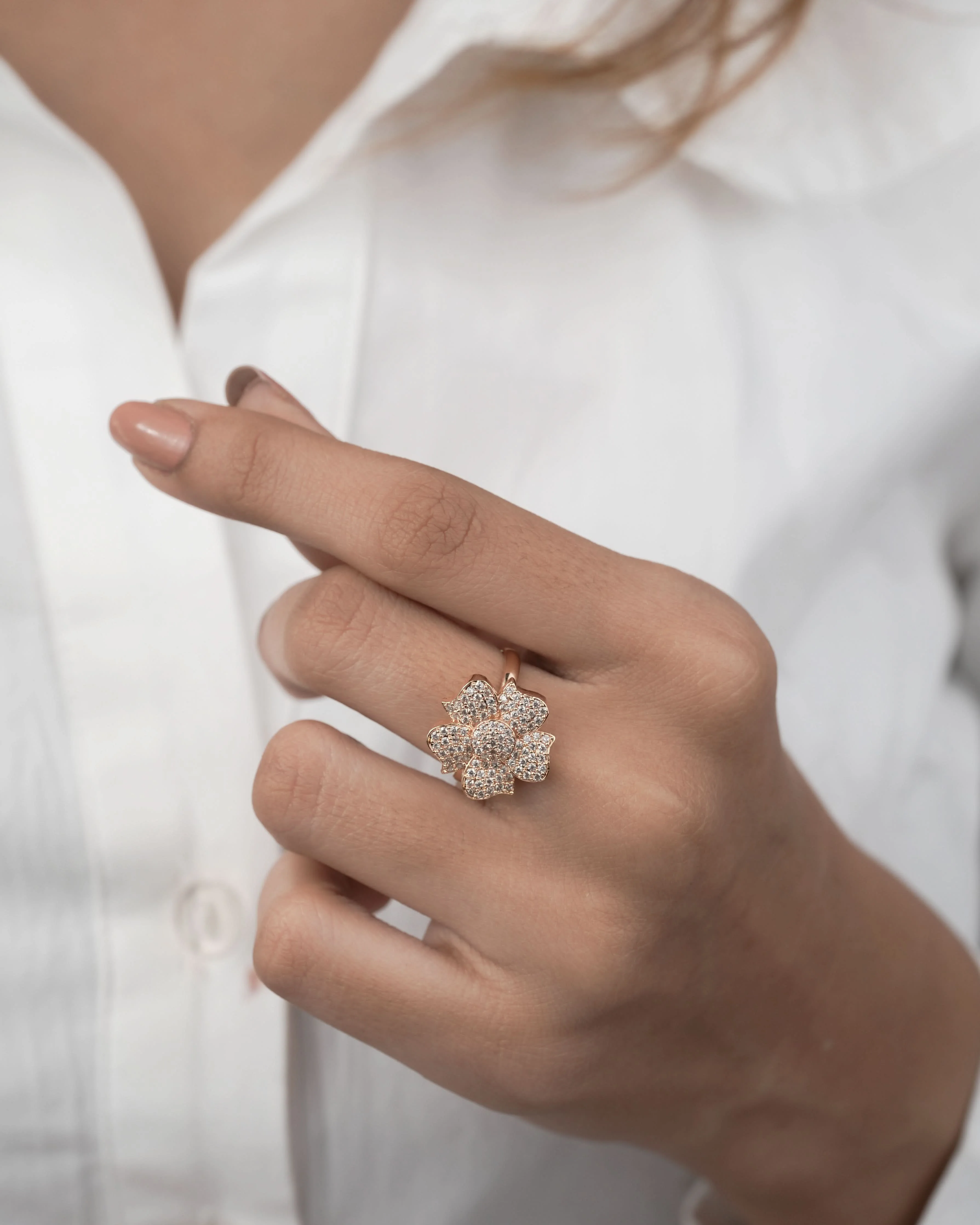 American Diamond Rose Gold Flower Adjustable Free Size Ring