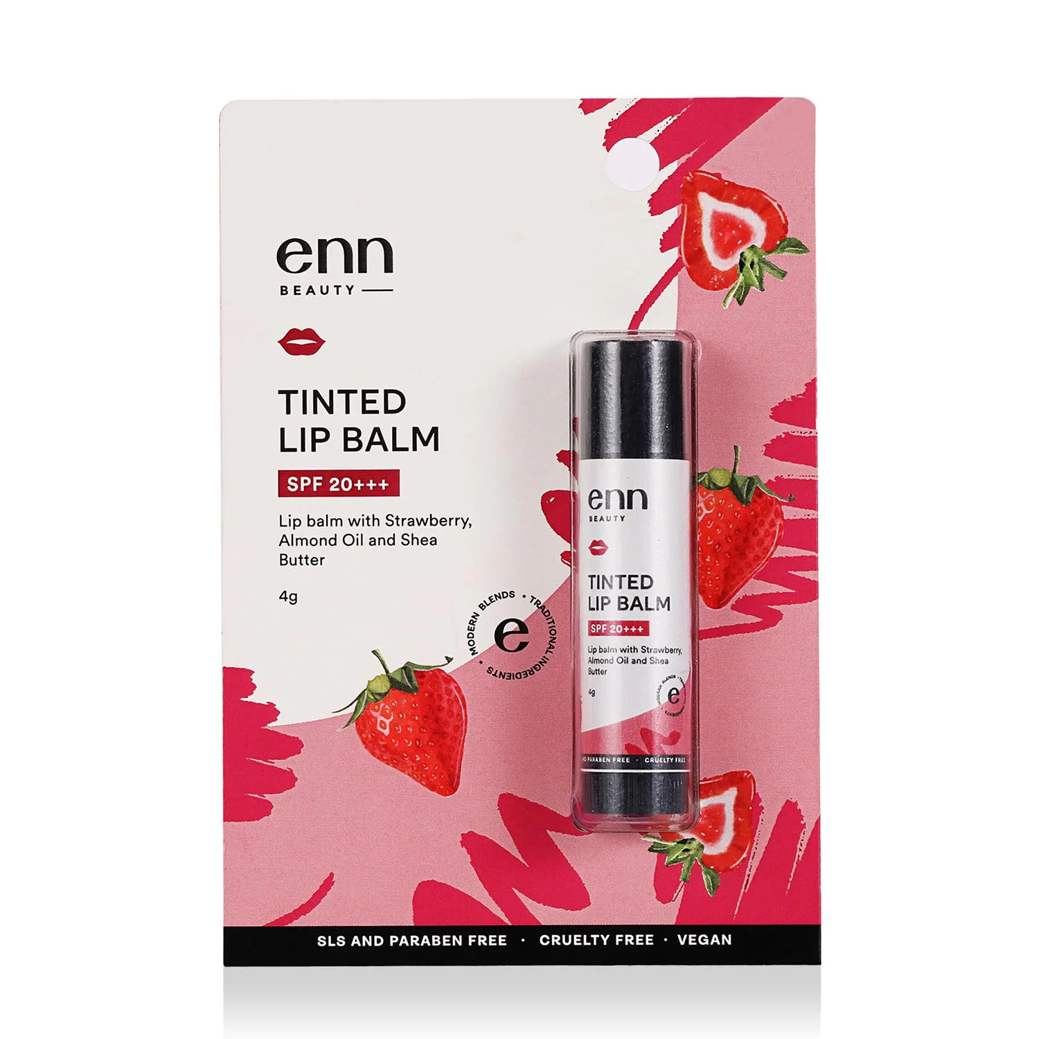 Enn Beauty Strawberry Tinted Lip Balm With Almond Oil & Shea Butter, SPF 20+++ For Moisturization, Soft and Naturally Pink Lips - 4g