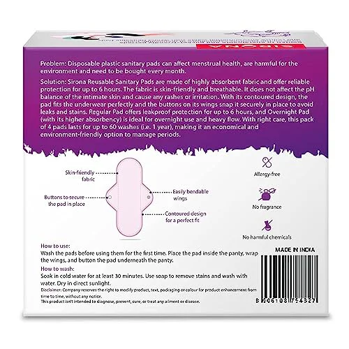 Sirona Reusable Pads for Women | 3 Regular Pads + 1 Overnight Pad | Cloth Pads for Women for Period, Reusable Sanitary Pads for Women, Rash Free Fabric, Skin Friendly, Lasts Up To 1 Year - (Pack of 4) - image 3