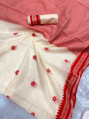 Zwab Women's Cotton Silk Soft Jamdani Sarees With Attach Unstitched Blouse Piece (Off White) - image 5