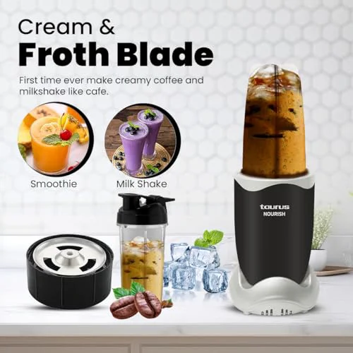 Taurus Nourish Mixer Grinder|5 Jar&2 Storage Jar For Smothies,Coffee,Dry fruits & Wet Grinding|600 W,Copper Motor|3 Blades Including Froth Blade with 2 Sipper & 1 Seasoning Cap|2 Yr Warranty - image 4