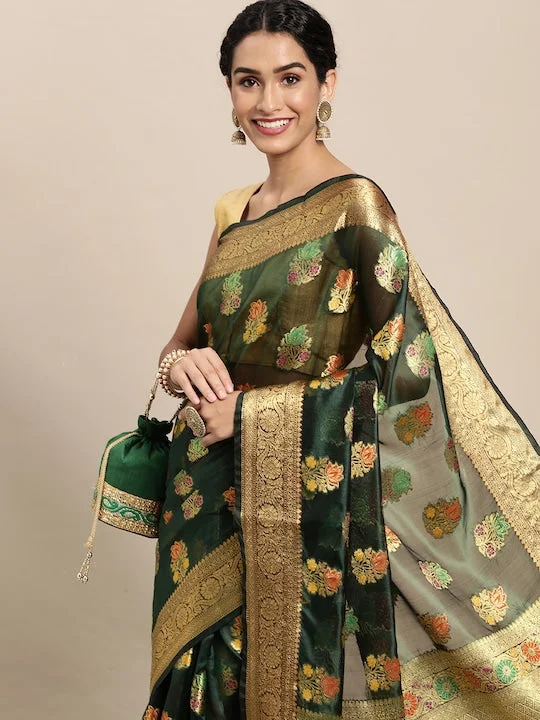 Green Floral Zari Organza Kanjeevaram Saree