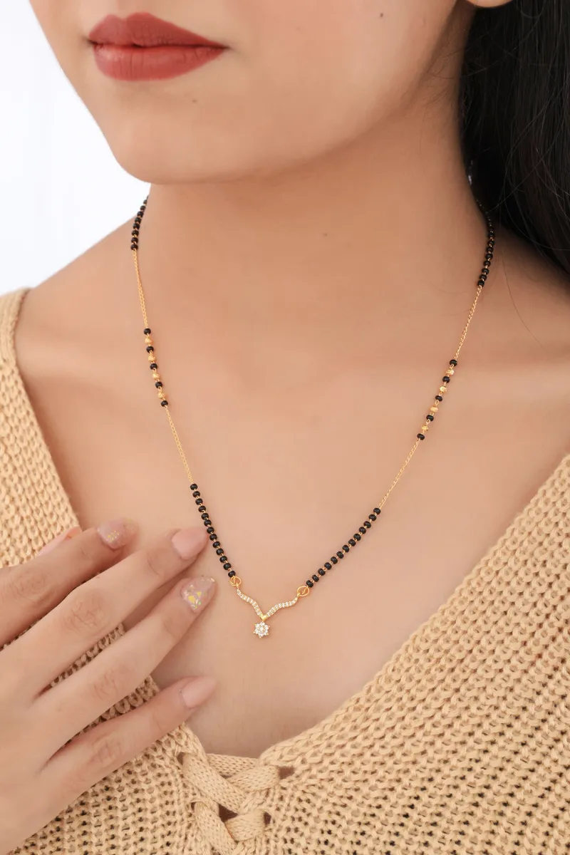 Buy 1 Get 1 Free -Gold Plated V-Shaped Crystal Pendant Mangalsutra with Black Beads