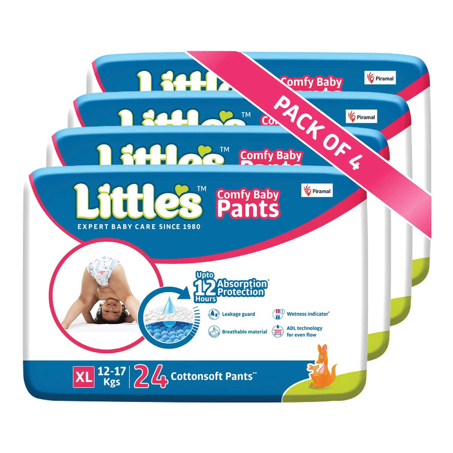 Little's Baby Pants Diapers Extra Large (12 - 17 kg), 96 Count - Pack of 4, with Wetness Indicator and 12 Hours Absorption