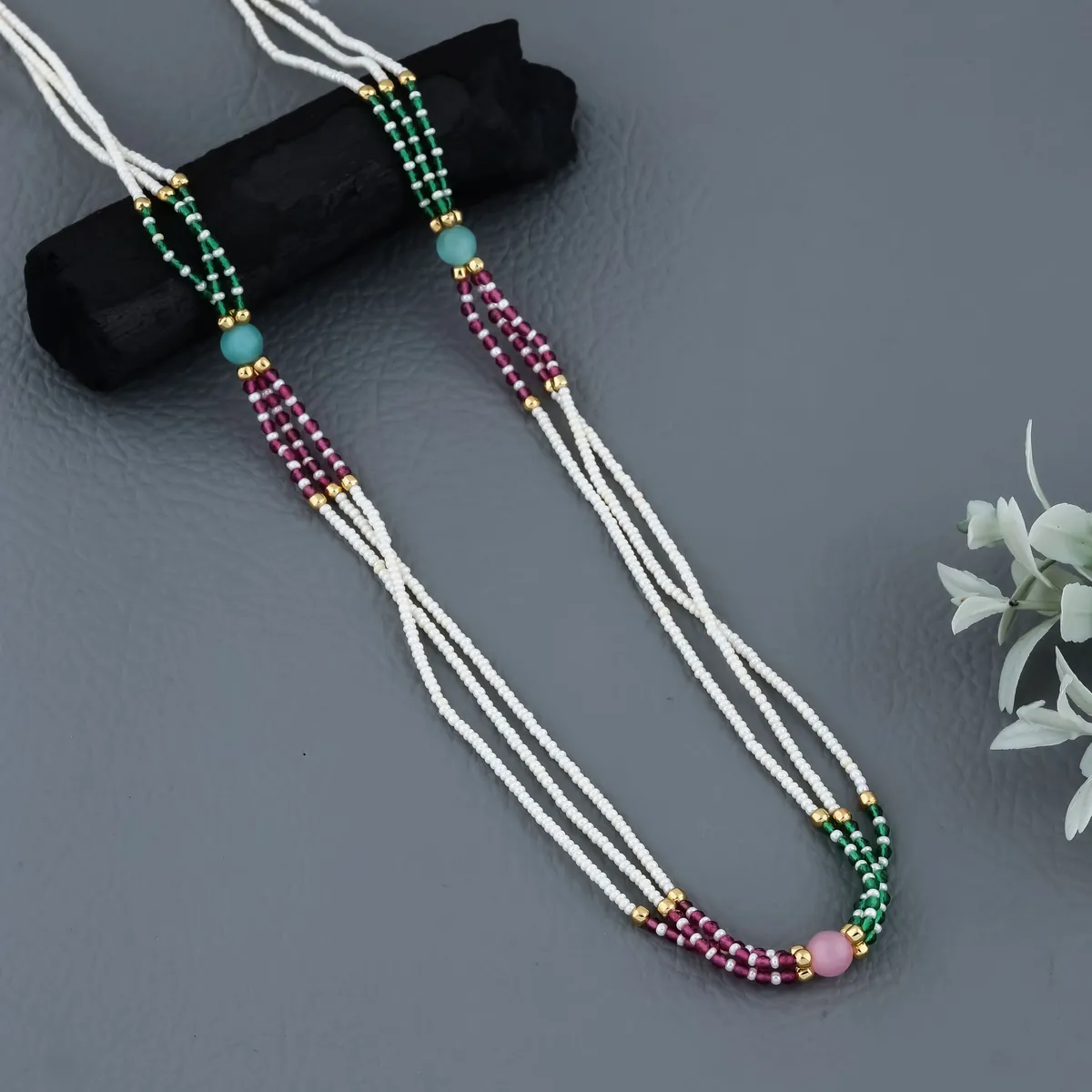 Multi Color 3 Line Fancy Mala Length 18 Inch