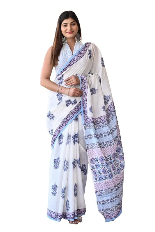 Shivanya Handicrafts Women's Hand Block Print Mulmul Cotton Sarees with Attach Blouse Piece (SH-1444, White) - image 2