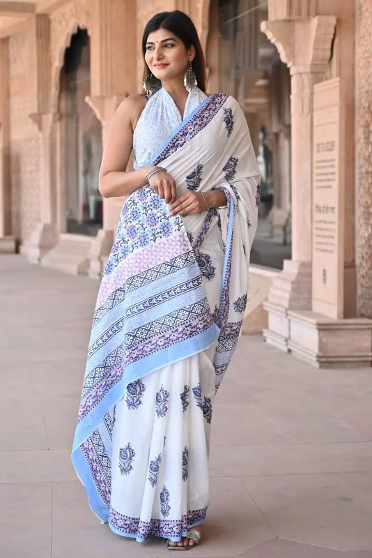 Shivanya Handicrafts Women's Hand Block Print Mulmul Cotton Sarees with Attach Blouse Piece (SH-1444, White) - image 3