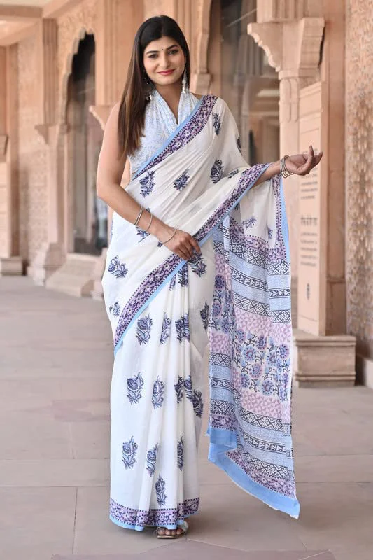 Shivanya Handicrafts Women's Hand Block Print Mulmul Cotton Sarees with Attach Blouse Piece (SH-1444, White) - image 4