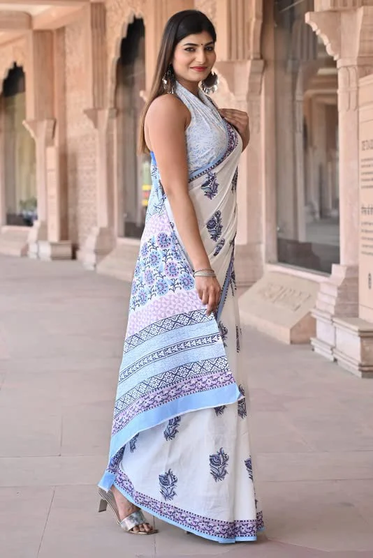Shivanya Handicrafts Women's Hand Block Print Mulmul Cotton Sarees with Attach Blouse Piece (SH-1444, White) - image 5