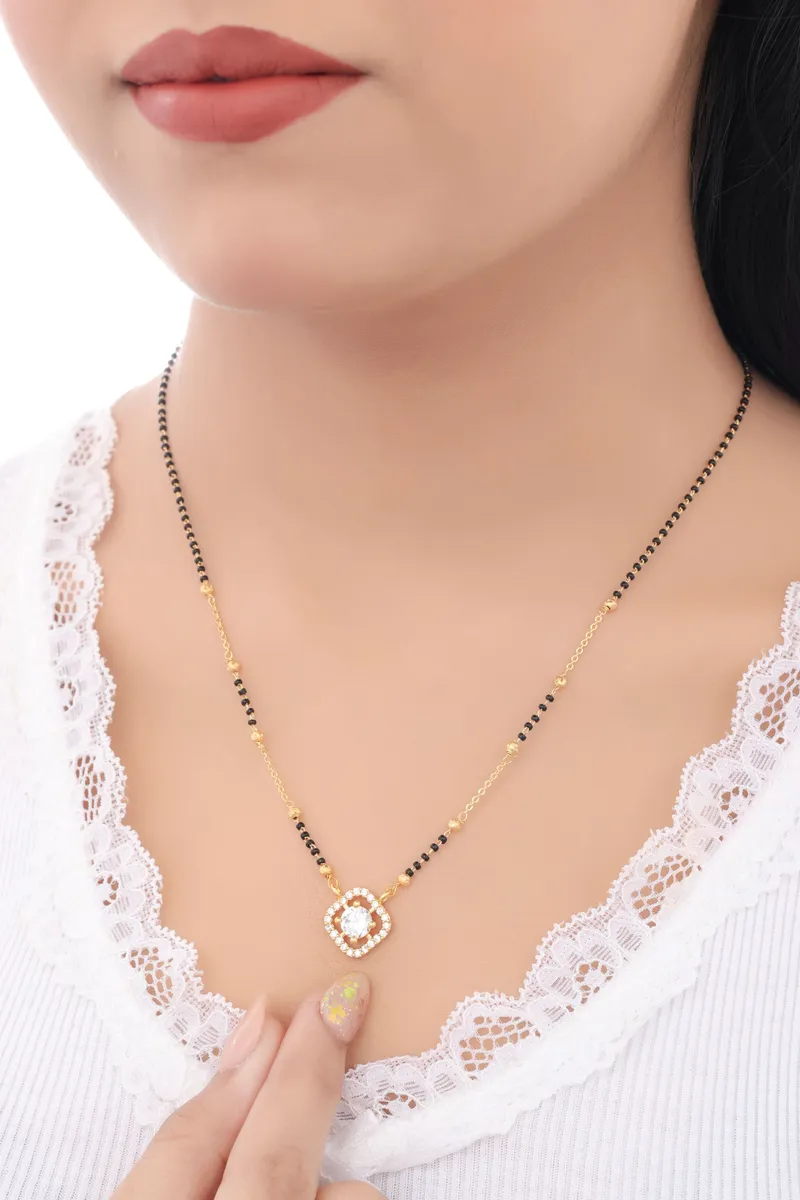 Buy 1 Get 1 Free - Gold Plated Square Halo Pendant Mangalsutra with Black Beads
