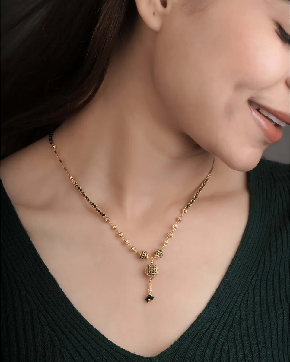 Buy 1 Get 1 Free -  Gold Finish Black Enamel Bead Drop Mangalsutra