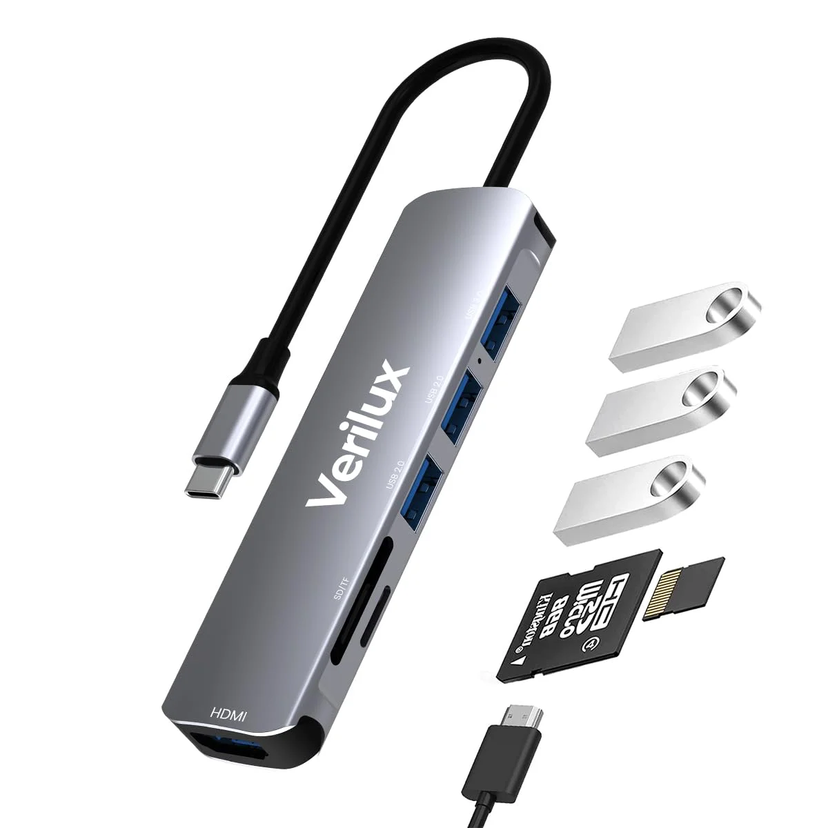 Verilux® USB C Hub Multiport Adapter- 6 in 1 Portable Aluminum Type C Hub with 4K HDMI Output, USB 2.0/3.0 Ports, SD/Micro SD Card Reader Compatible for MacBook Pro 2016-2020, MacBook Air 2018-2020 - image 2