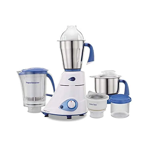 Preethi Blue Leaf Platinum MG 139 mixer grinder, 750 watt, White, 4 jars - Super Extractor juicer Jar & Storage Air-Tight Container, FBT motor with 5yr Warranty & Lifelong Free Service, Standard