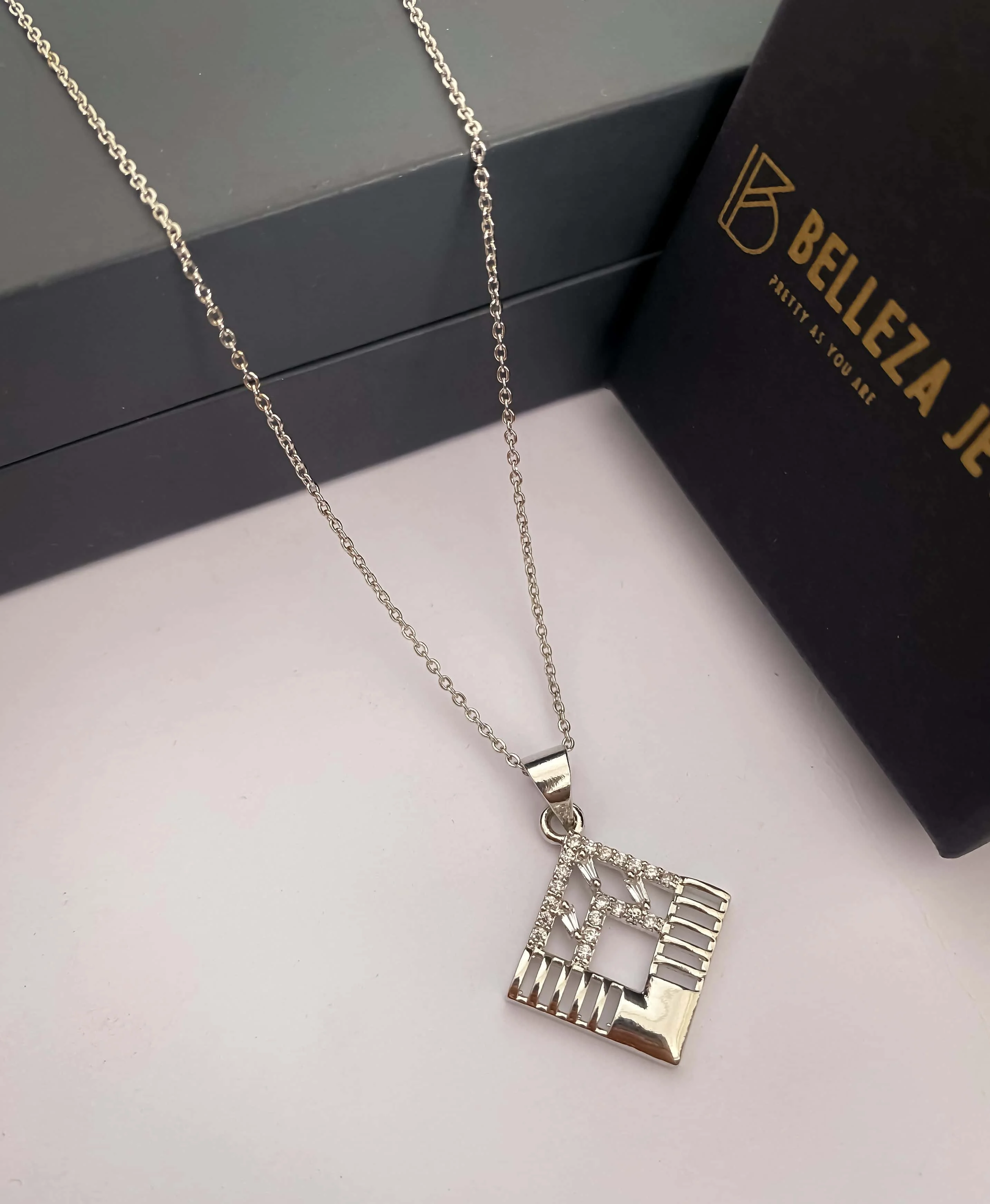 Silver Shine Geometric Square Pendant Necklace – AD Stone Minimal Chain