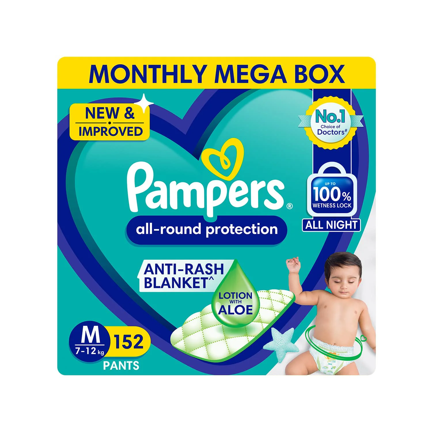 Pampers All round Protection Pants, Medium size baby diapers (MD) 152 Count, Anti Rash diapers, Lotion with Aloe Vera