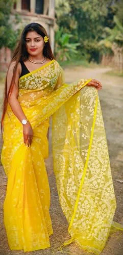 Women's Traditional Bengal Cotton Silk Jamdani Saree Without Blouse Piece (Yellow) - image 3