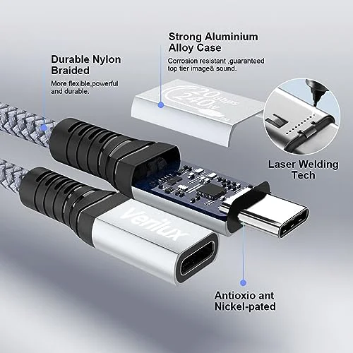 Verilux® USB Type C Extension Cable 3.3ft/1m(20Gbps, 240W), USB C 3.2 Gen Male to Female USB Cable, Support 4K@60Hz Video Cable, Compatible with USB C Hub/MacBook/iPad Pro/Magsafe Charger/Switch - image 3