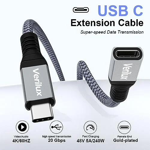 Verilux® USB Type C Extension Cable 3.3ft/1m(20Gbps, 240W), USB C 3.2 Gen Male to Female USB Cable, Support 4K@60Hz Video Cable, Compatible with USB C Hub/MacBook/iPad Pro/Magsafe Charger/Switch - image 4