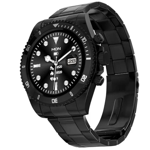 Fire-Boltt Avalanche Luxury Stainless Steel Smart Watch, Bluetooth Calling with 1.28” HD Display, 2 Button Pushers, Voice Assistance, Multiple Sports Modes, Health Suite, IP67 Resistance. (Black)