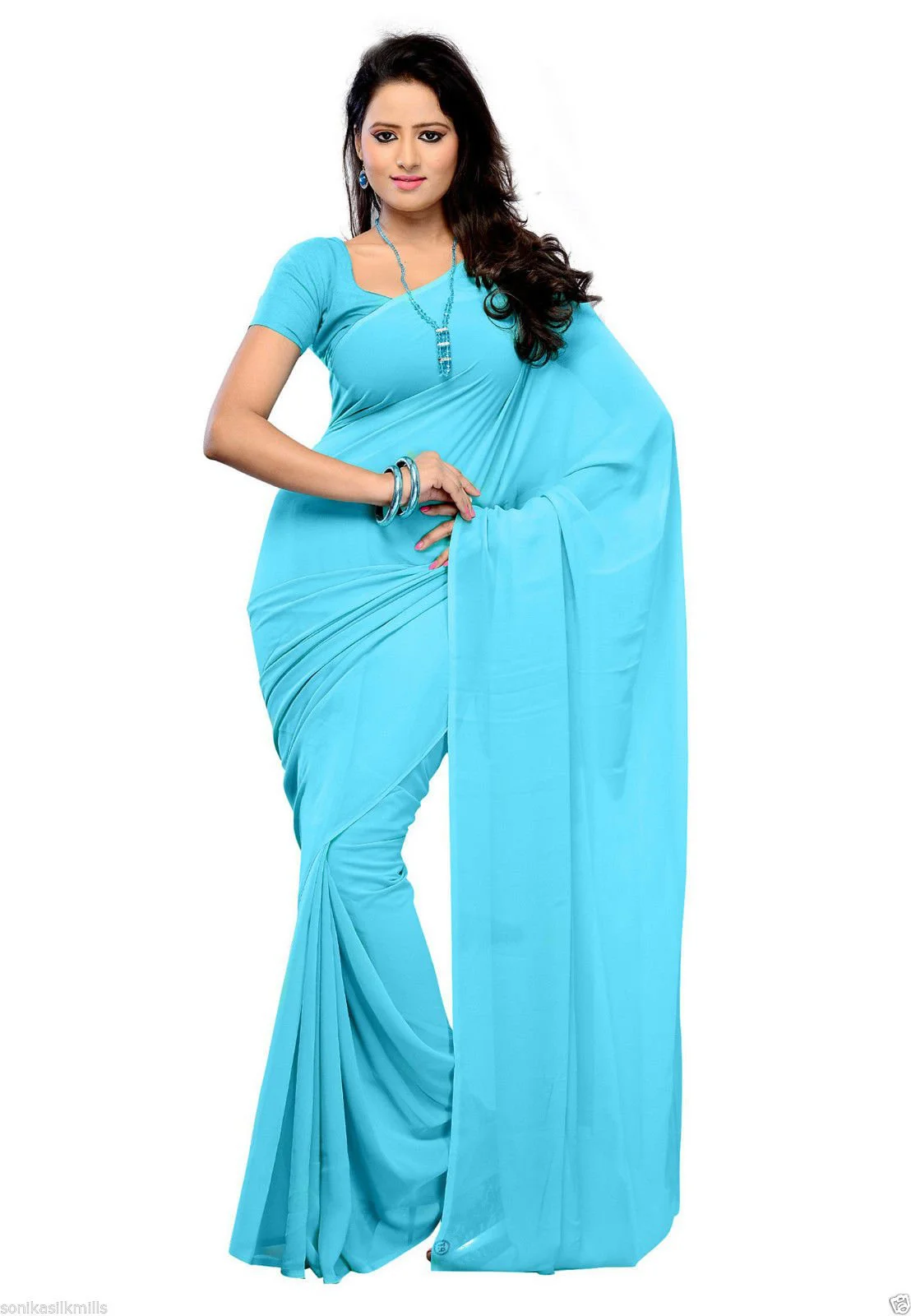 Sidhidata Women's Pure Georgette Saree With Blouse Piece (Pack of 2) (combo plain 719-701_Sky Blue & Baby Pink), Free Size - image 4