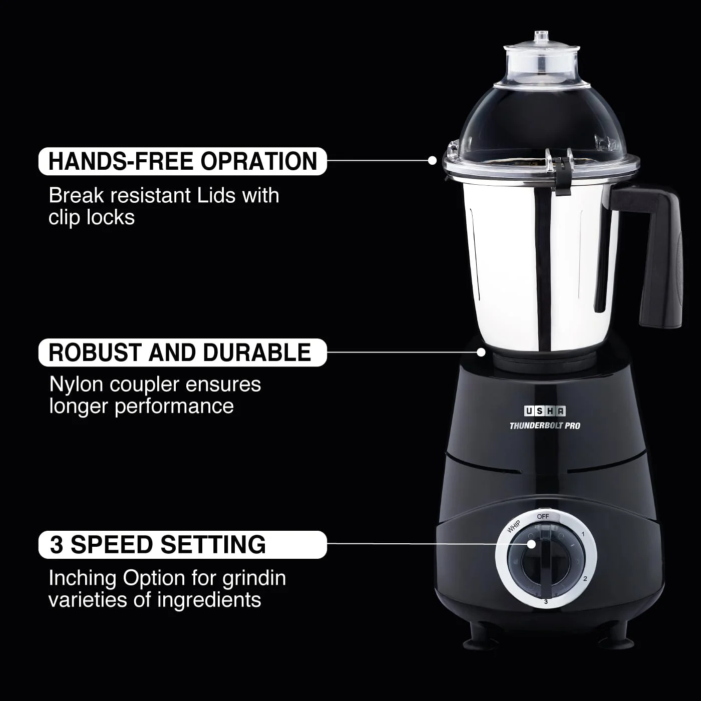 USHA Thunderbolt Pro 1000W with 3 Jars, 100% Copper Ball-Bearing Motor, Handsfree operation, 3 Jars, 3-Speed Setting with Inching option, 5 Years Warranty on Motor (Black) - image 5