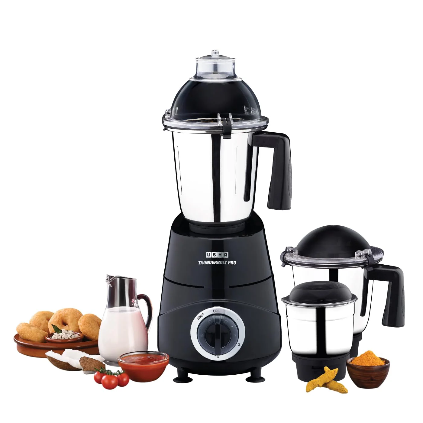 USHA Thunderbolt Pro 1000W with 3 Jars, 100% Copper Ball-Bearing Motor, Handsfree operation, 3 Jars, 3-Speed Setting with Inching option, 5 Years Warranty on Motor (Black) - image 1