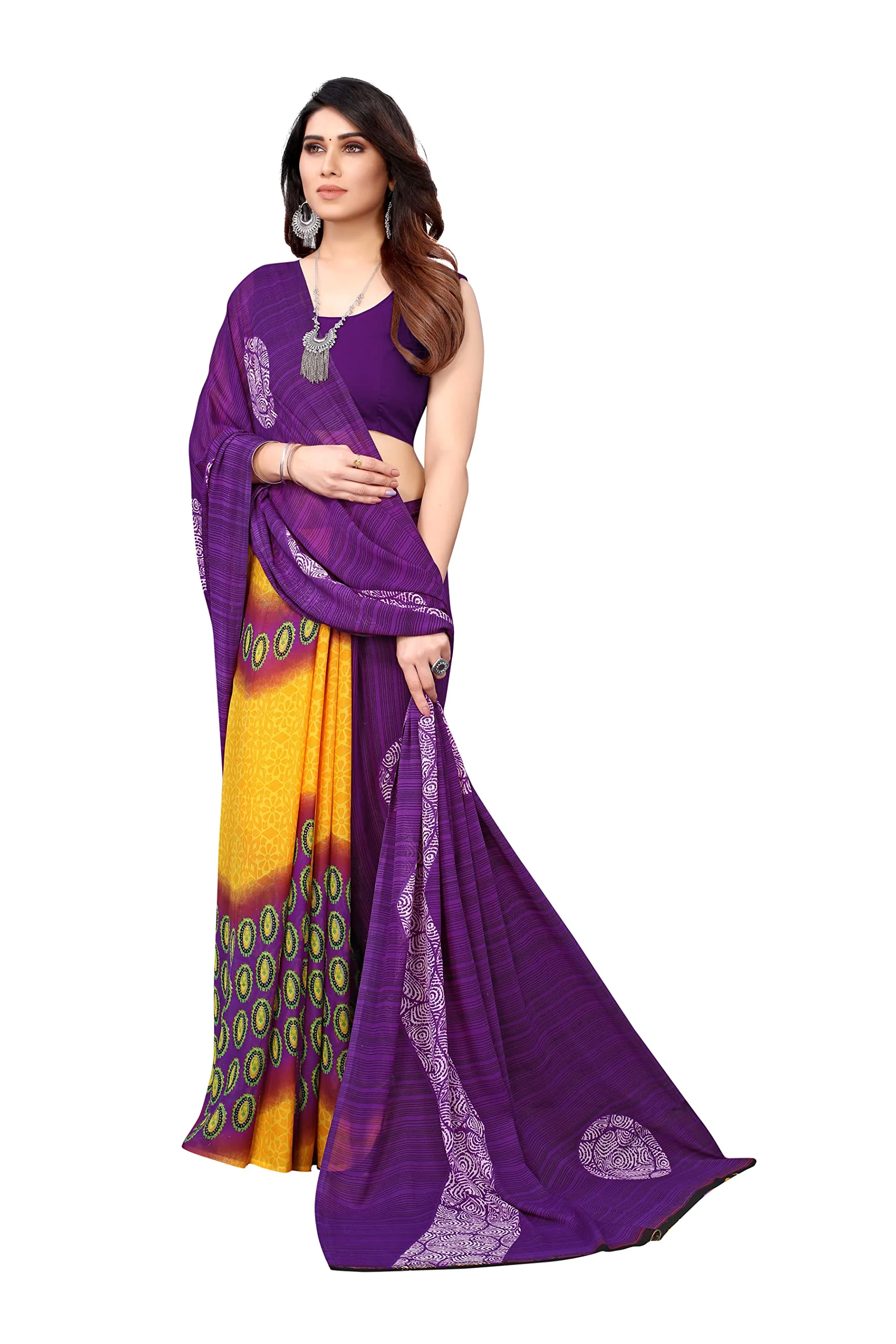 Tarshika Womens Printed Georgette Saree Without Blouse Piece(ROSEMARRY PURPLE_Free Size) - image 4