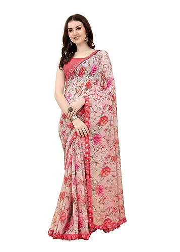 ROOP SUNDARI SAREES Women's Stylish Floral Printed Georgette Fancy Saree With Blouse Piece Saree For Women Hit Sari Sadi(Grey&Pink_Multicolored_Free Size 6.30)