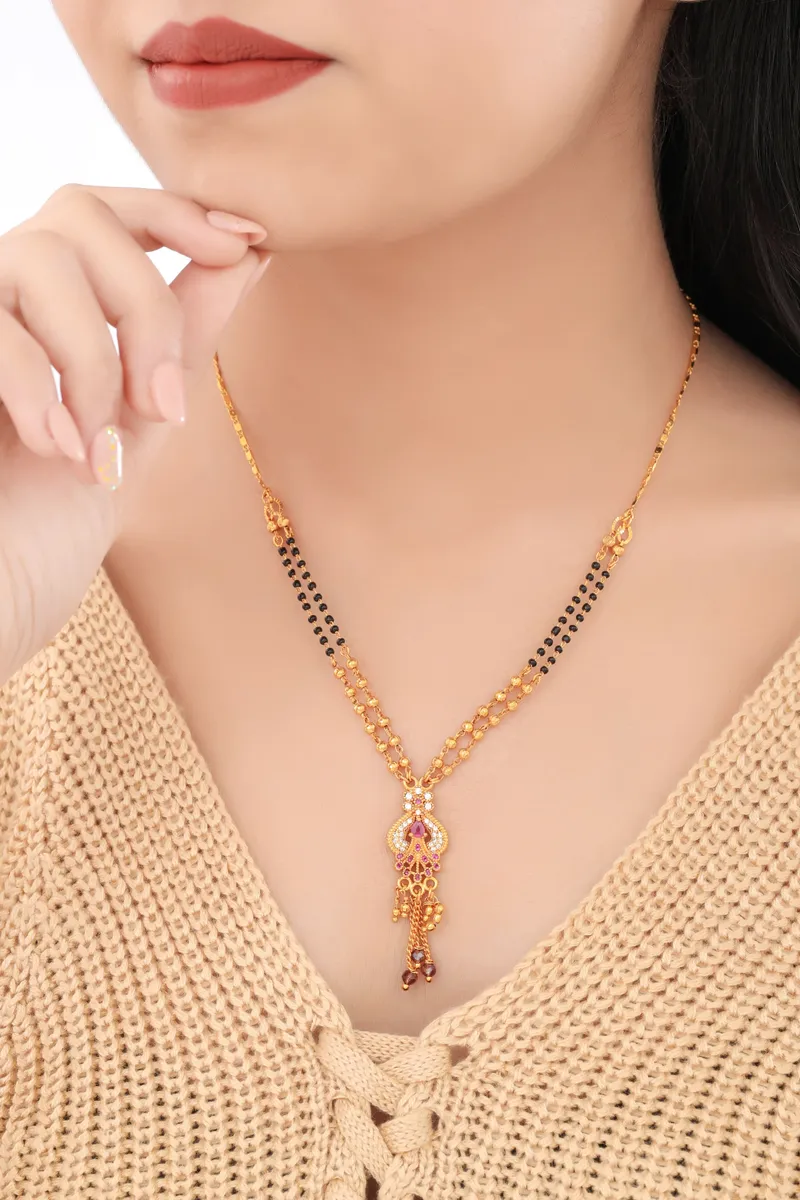 Buy 1 Get 1 Free - Traditional Dual-Line Black Beads Mangalsutra with Ruby CZ Drop Pendant