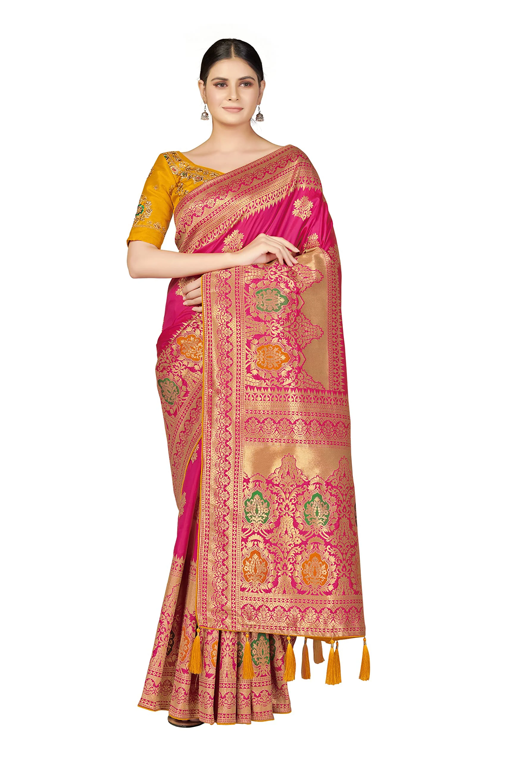 Monjolika Fashion Women's Woven Silk Saree With Blouse Piece (45560_Color_Rani Pink)