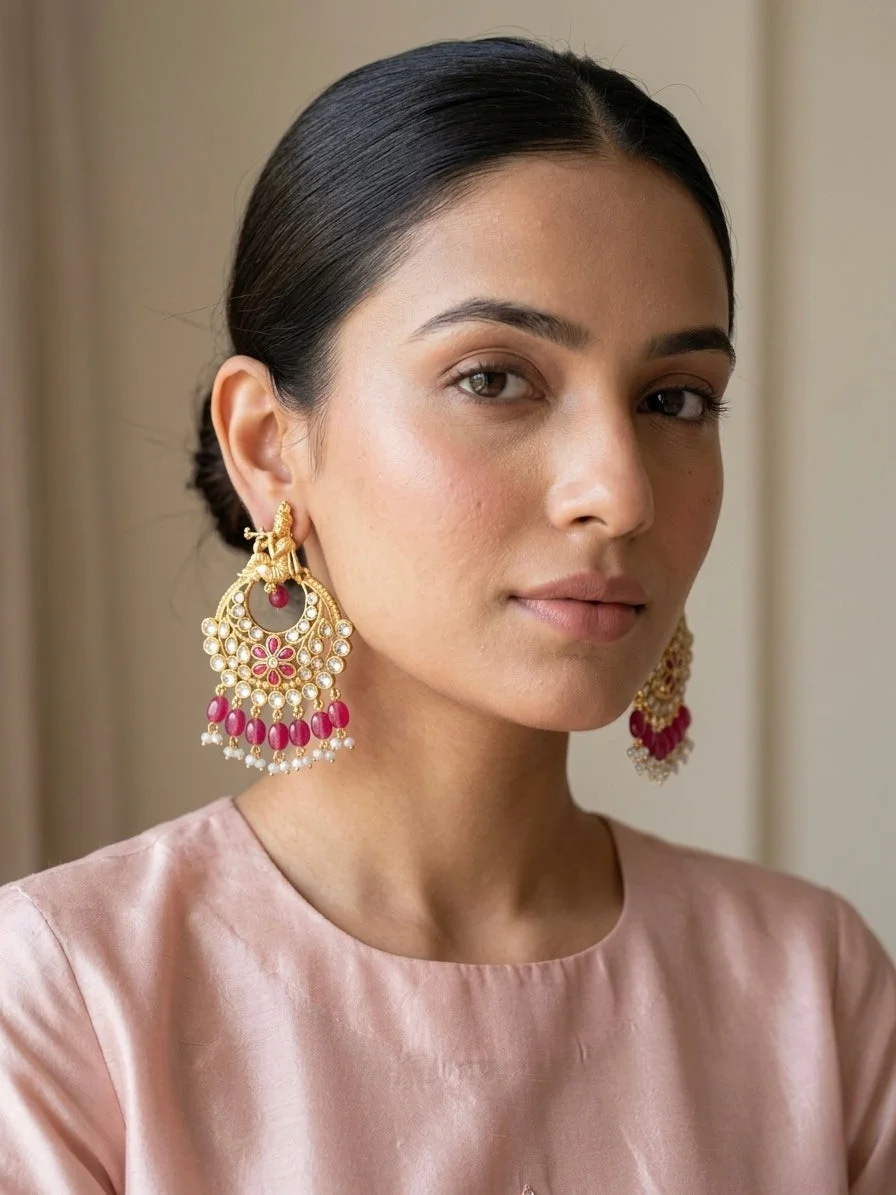 Krishna Design Red Kundan Chandbali Earrings