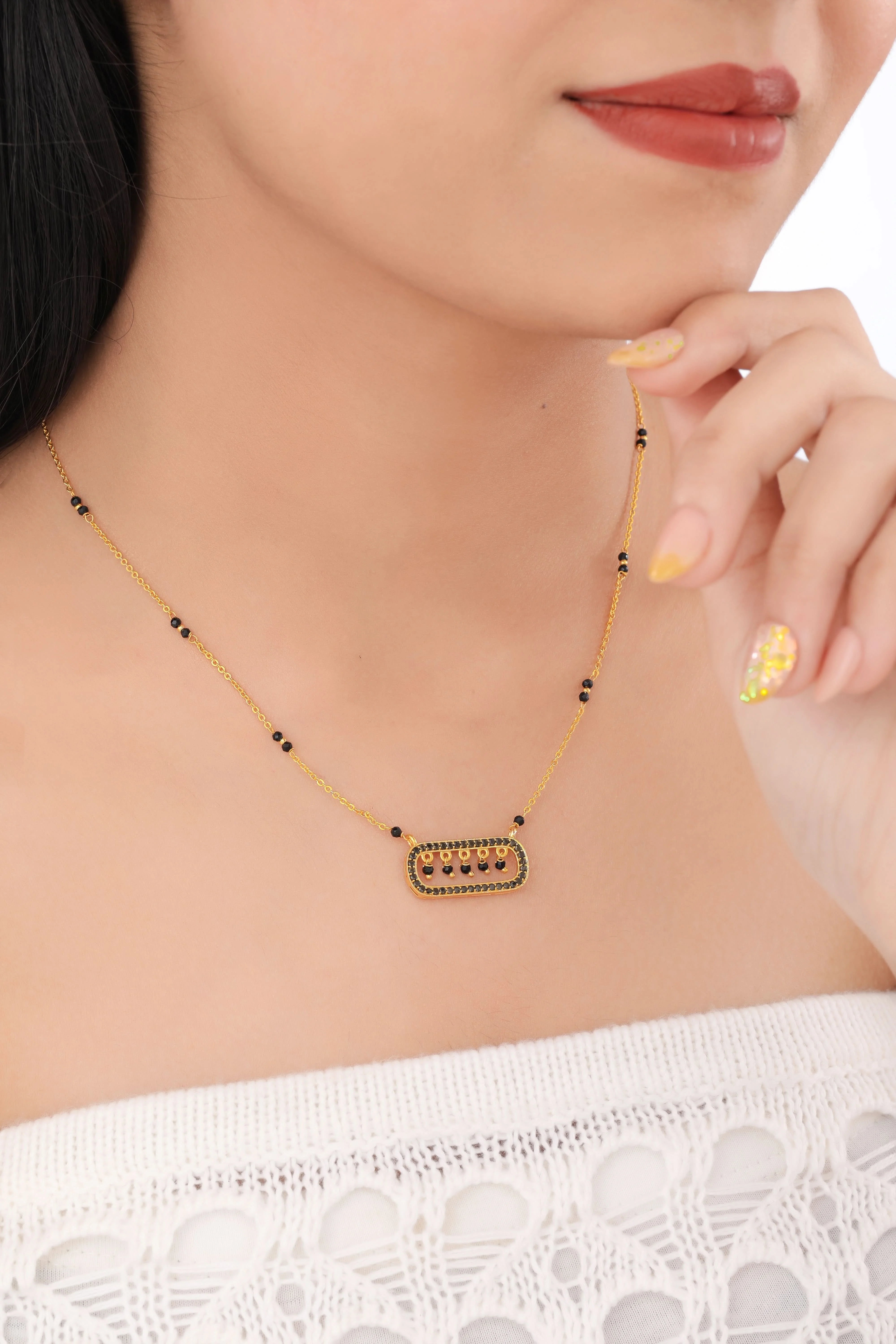 Buy 1 Get 1 Free - Minimal Rectangle Charm Mangalsutra | Elegant Black Beads Chain