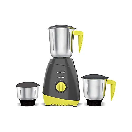Havells Capture 500W 3 Jar Mixer Grinder, High Speed 21000 RPM Motor, 304 SS Blades, 5 Years Motor Warranty with Overload Protector, 1.5 Ltr Bigger Size Blending Jar I (Grey & Green)