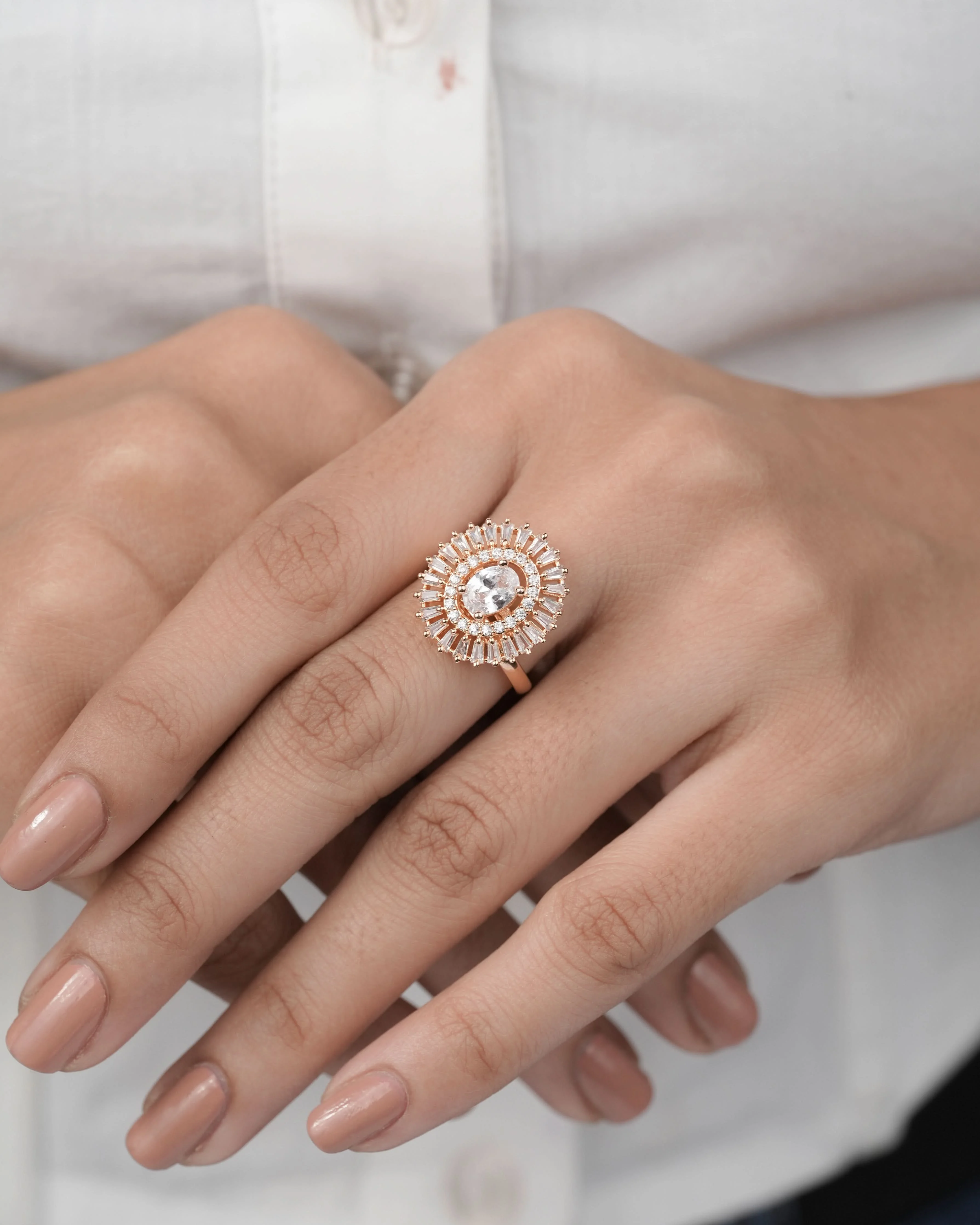 American Diamond Rose Gold Ovel Chowki Diamond Adjustable Free Size Ring
