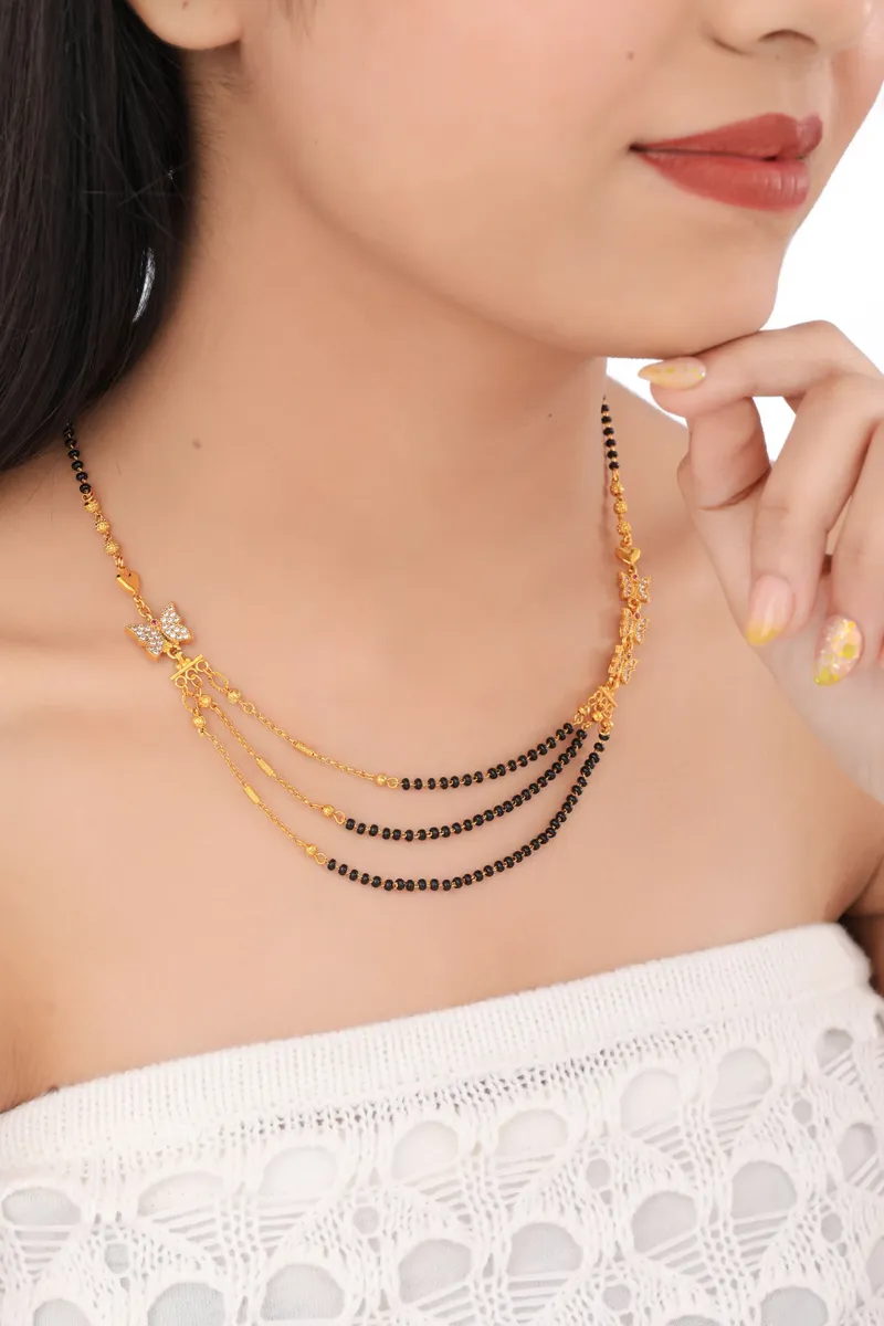 Buy 1 Get 1 Free -Asymmetrical Triple Layer Black Beads Mangalsutra with Star Motif