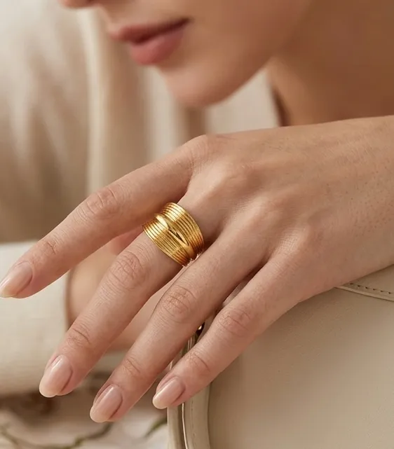 Textured Gold Wide Cuff Adjustable Ring
