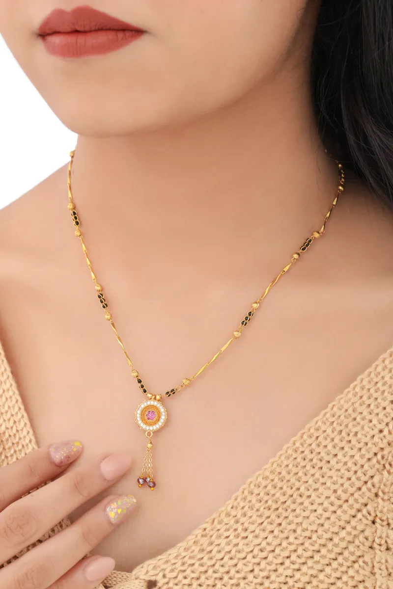 Buy 1 Get 1 Free - Classic Ruby Drop Pendant Black Beads Mangalsutra