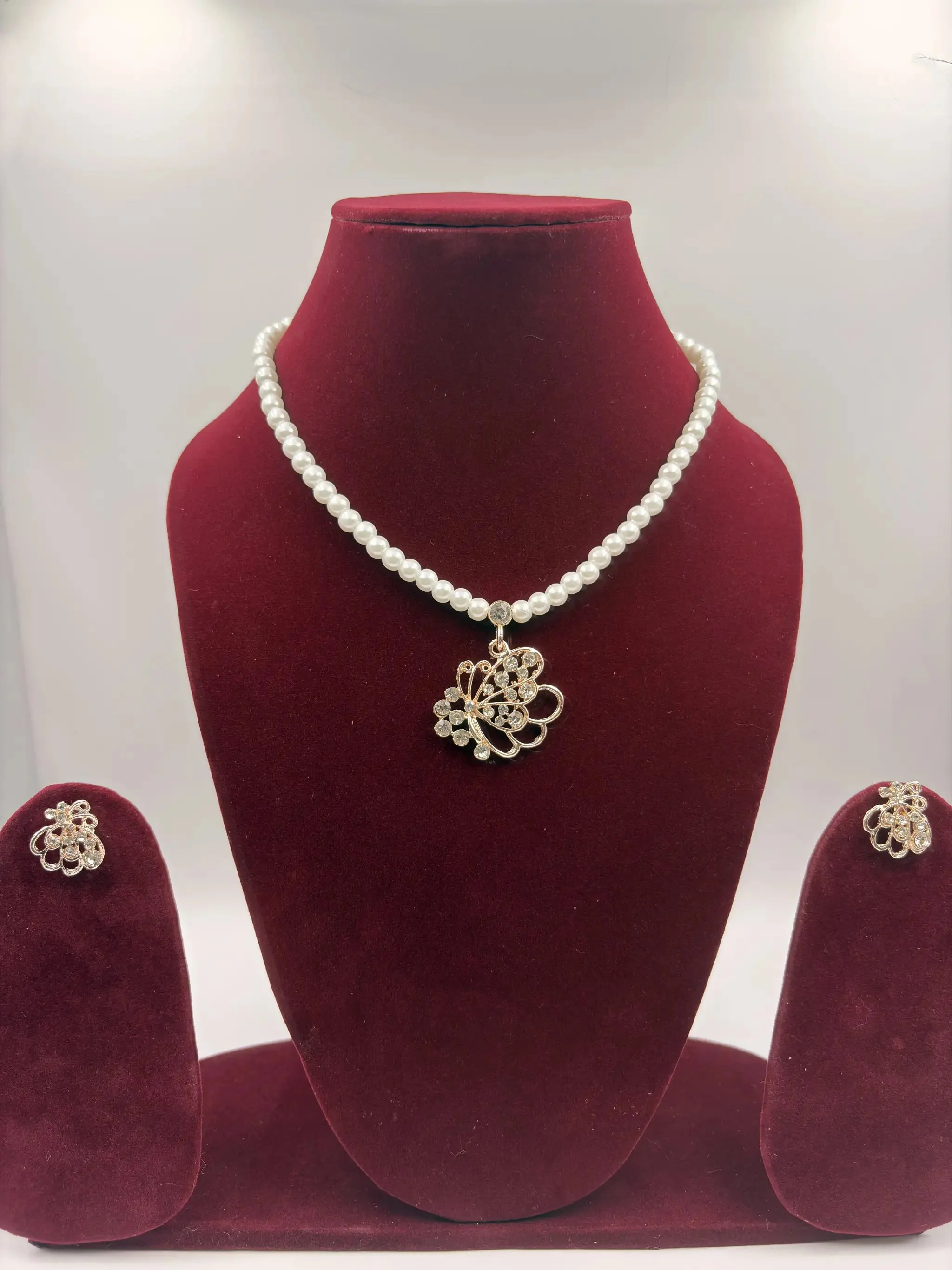Pearl Necklace with Butterfly Crystal Pendant & Matching Earrings – Artificial Jewellery