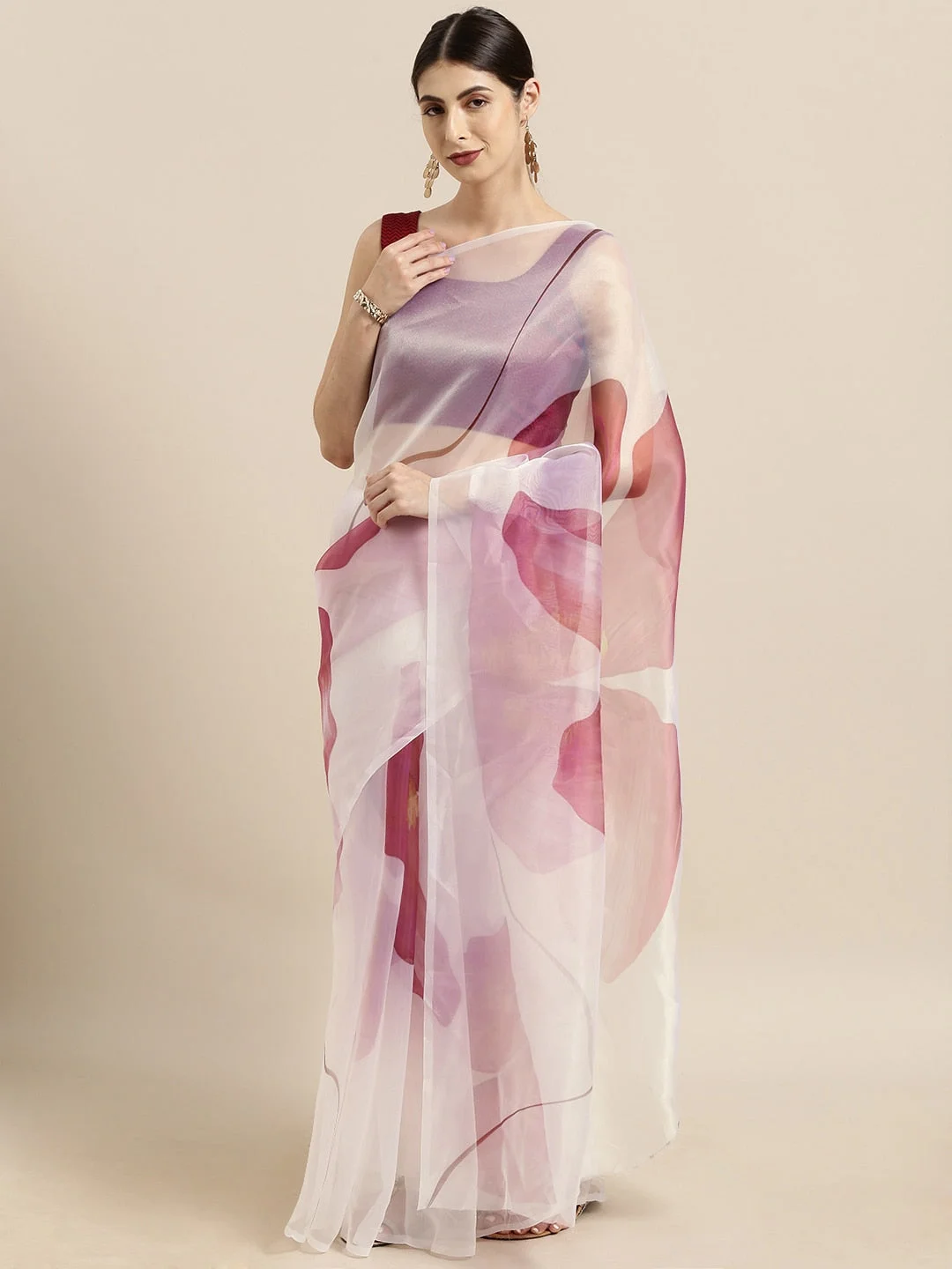 White & Pink Organza Printed Saree